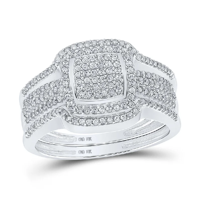 10kt White Gold Round Diamond Square Bridal Wedding Ring Band Set 1/2 Cttw