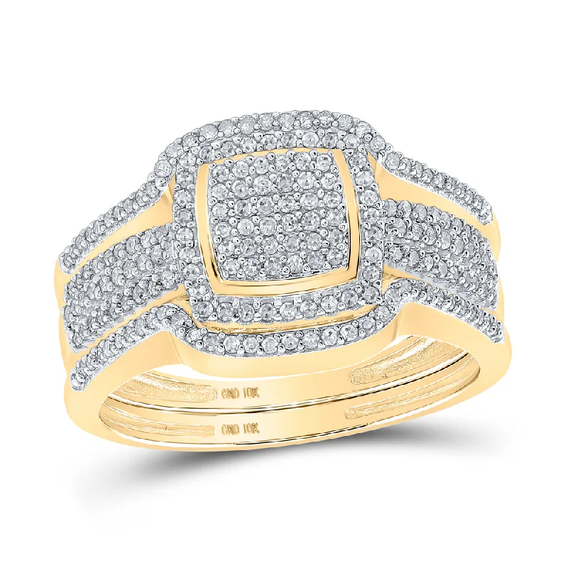 10kt Yellow Gold Round Diamond Square Bridal Wedding Ring Band Set 1/2 Cttw