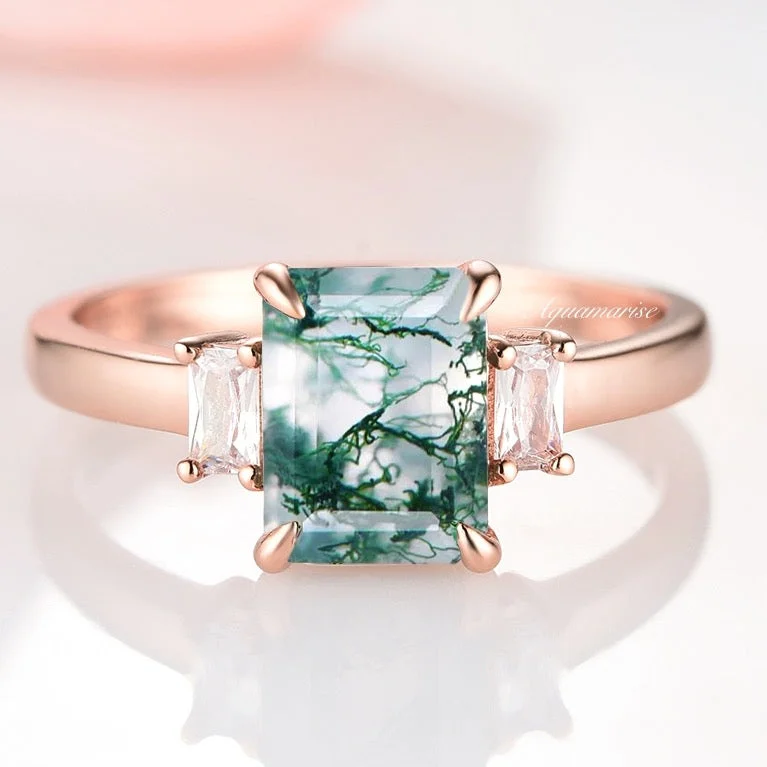 Natural Green Moss Agate Ring- 14K Rose Gold Vermeil