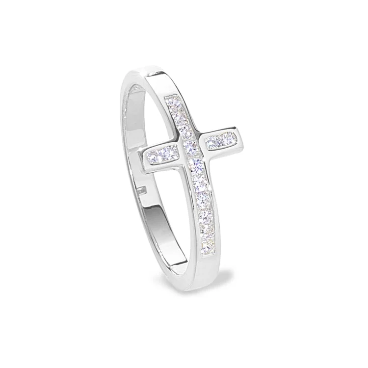 Platinum Finish Sterling Silver Micropave Cross Ring with Simulated Diamonds - size 10