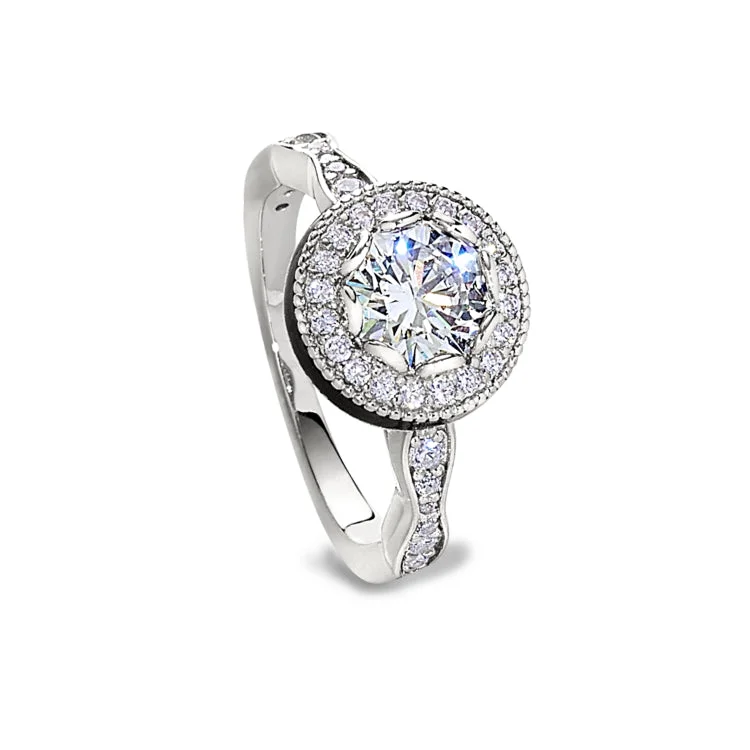 Platinum Finish Sterling Silver Micropave Round Halo Ring with Simulated Diamonds - Size 6