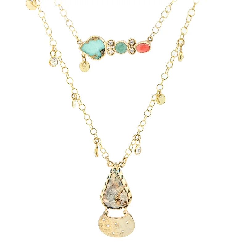 YGP Sterling 2 Strand Turquoise, Coral CZ Necklace Set